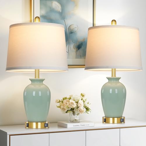 23" Set of 2 Olive Green Ceramic Table Lamp with Pot Design, Bedside USB Lamps for Living Room,Dining Room,Bedroom,Office,Nightstand,End Table - color: Green