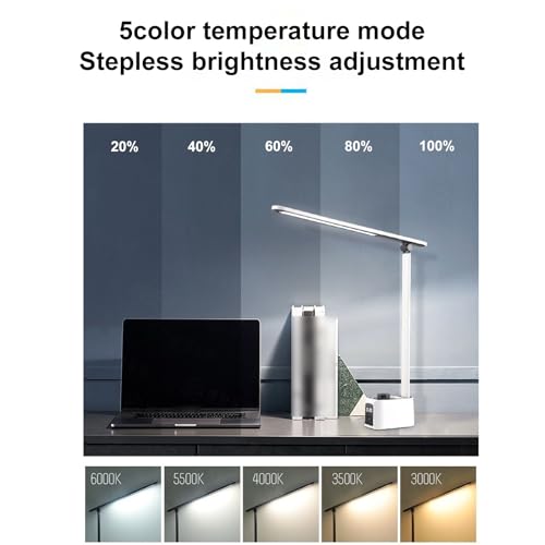 Rotatable Desk Lamp with Pen Holder 5 Color Temperatures Foldable Dimming Reading Lamp USB Charging Port Digital Display for Home Office Reading Studying Working (T221012U) - color: White