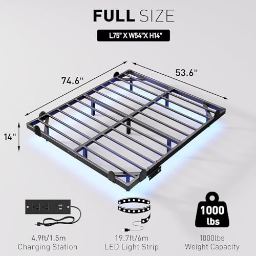 qimamo 14 Inch Floating Full Bed Frame with Smart LED Lights and Charging Station, Modern Metal Full Bed Frame, Easy to Assemble, No Box Spring Needed - size: Full (U.S. Standard), style: Floating Look 14"