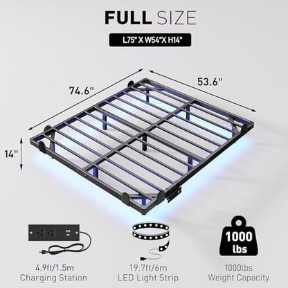 qimamo 14 Inch Floating Full Bed Frame with Smart LED Lights and Charging Station, Modern Metal Full Bed Frame, Easy to Assemble, No Box Spring Needed - size: Full (U.S. Standard), style: Floating Look 14"