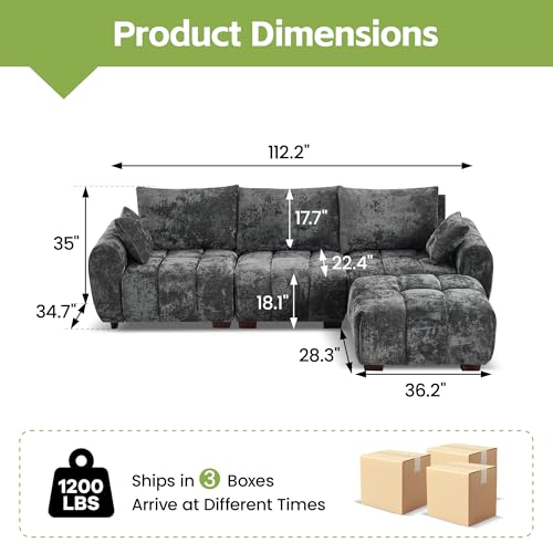 112" L Shaped Modular Sectional Sofa, Grey Chenille Cloud Couch, Modern Upholstered 4 Seater Couch with Removable Ottoman, Tufted Deep Seat & Wood Legs, Sectional Couches for Living Room Apartment - color: Grey, size: L-Shaped Couch