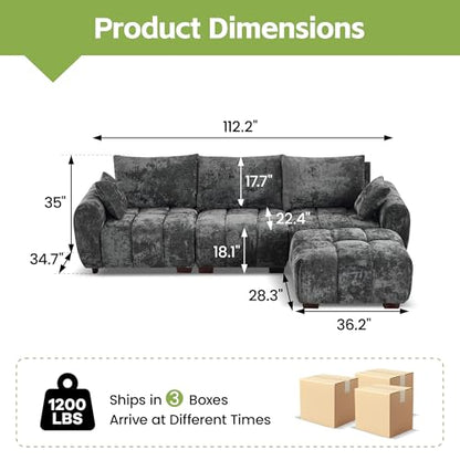 112" L Shaped Modular Sectional Sofa, Grey Chenille Cloud Couch, Modern Upholstered 4 Seater Couch with Removable Ottoman, Tufted Deep Seat & Wood Legs, Sectional Couches for Living Room Apartment - color: Grey, size: L-Shaped Couch
