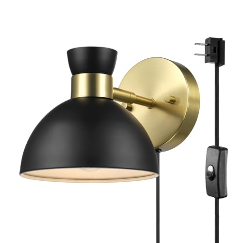 Globe Electric 65000100 1-Light Plug-in or Hardwire Wall Sconce, Matte Brass, Black Pivoting Metal Shade, 6ft Black Cord, in-Line Rocker Switch, Wall Lights for Living Room, Hanging Lamp - color: Brass, Matte Black