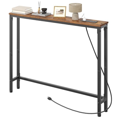 HOOBRO 39.4 Inch Narrow Console Table with Power Outlets, 5.9 Inch Sofa Table with Storage, Skinny Behind Couch Table, for Entryway Hallway, Small Spaces, Rustic Brown and Black BF52UXG01G1 - color: Rustic Brown + Black