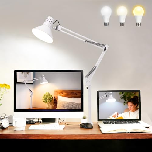 White Dimmable Desk Lamp with Clamp, Extra-Tall Adjustable Swing Arm | Manicurist Table Lamp for Nail Work, Drafting, Sewing, Crafting, Home Office, 3 Color Temperatures, A19 Bulb Included - color: White, size: 3 Adjustable Lighting modes-Extra Long Swing