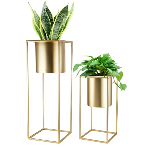 TRIROCKS Set of 2 Large Planters with Stand Gold Planter for Indoor Plants 28 &18" H Morden Plant Pots for Living Room Corner Kitchen Office Garden Balcony Patio Decor(Gold) - color: Gold 1