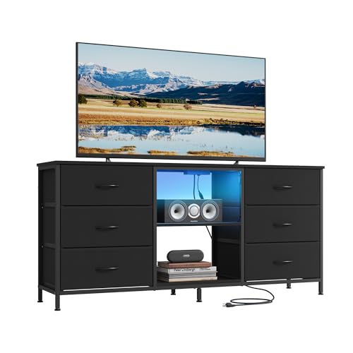 SONGMICS BELLAH Collection - TV Stand for TVs Up to 65 Inches, Dresser for Bedroom, Living Room, Chest of Drawers, Steel, 6 Drawers and 2 Shelves, Modern, Ink Black ULGS132B101S - color: Ink Black, size: 13.8"D x 57.8"W x 26.8"H (6 Drawers)