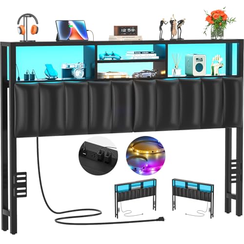 Aheaplus Headboard for Queen Size Bed with Storage, Upholstered Headboards with Outlets, USB Ports and LED Light, Reversible Queen Size Head Board, Height Adjustable, Comfortable Headboard, Black - color: Black, size: Queen, style: Upholstered