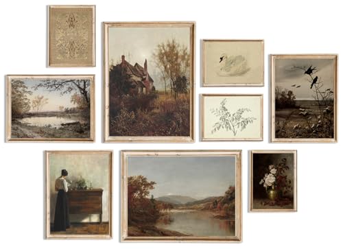 uniro Vintage Wall Art Decor Prints Farmhouse Wall Decor Vintage Fall Autumn Canvas Wall Art Prints Nature Landscape Lakes Swan Botanical Flower Women Painting Poster Rustic Cottagecore Decor Retro - color: Retro Farmhouse
