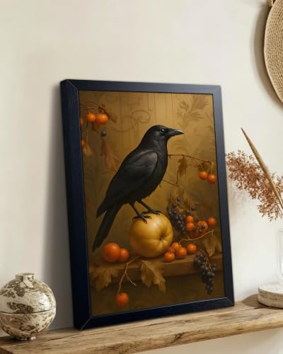 REZFGU Halloween Crow Wall Art Canvas Framed Poster Painting Print Picture, Dark Academia Raven Bird Gothic Still Life, Vintage Black Bird with Fruit Fall Art Decor for Living Room Bedroom 12x16 Inch - color: A-Crow, size: 16"L x 12"W