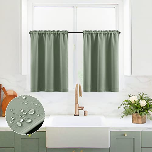 XTMYI Bathroom Curtains Window,Eucalyptus Sage Green Waterproof Small Tier Boho Kitchen Curtains,24 Inch Length Sets of 2 - color: Sage Green, size: 30"W x 24"L (Pack of 2)