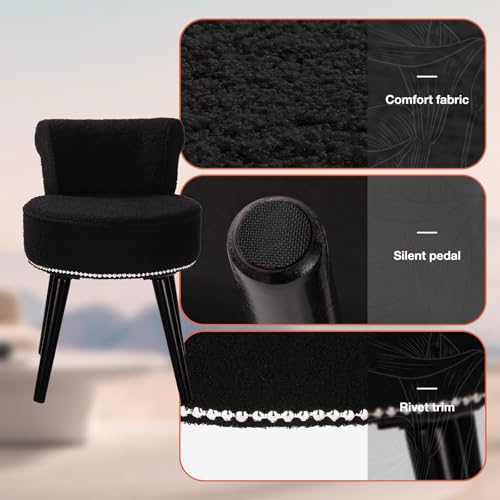 Vanity Chair with Back, Sherpa Stool with Tufted Backrest & Sliver Nailhead Trim, Round Vanity Seat for Bedroom and Bathroom Makeup, Support 220lbs, Easy Assembly (Teddy Black) - color: Sherpa Black