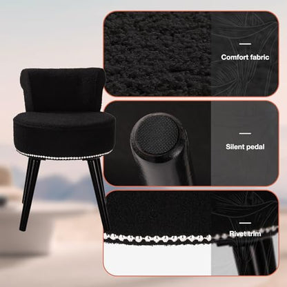 Vanity Chair with Back, Sherpa Stool with Tufted Backrest & Sliver Nailhead Trim, Round Vanity Seat for Bedroom and Bathroom Makeup, Support 220lbs, Easy Assembly (Teddy Black) - color: Sherpa Black