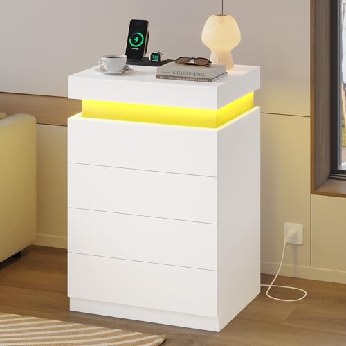 ADORNEVE White Night Stand Set of 2 with Sliding Top | Nightstand with Charging Station & LED Light,Bedside Table with Drawers,Modern Bed Side Tables Bedroom - color: White, size: 2PC