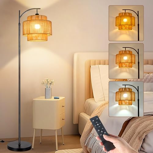 ILLMTW Rattan Floor Lamp for Living Room Bedroom Boho Arc Standing Lamp with Remote Dimmable Black Farmhouse Wicker Bamboo Lamp Shade Floor Light Tall Lamp Industrial Floor Lamps Bohemian Decor - size: Floor Lamp---3