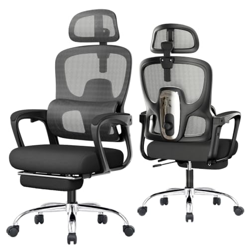 Ergonomic Office Chair with Footrest, 90-145° Reclining Desk Chair with Adjustable Lumbar Support & Headrest, High Back Mesh Computer Chair for Home Office/Gaming, 350lbs Capacity - color: Black Silver