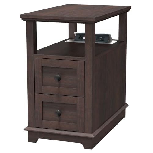 HIFYOBRO Narrow End Table with Flip Top Charging Station & 2 Drawers | Couch Side Table, Type-C USB Ports & Power Outlets, Nightstand for Living Room Bedroom - color: Cherry, size: 1 Piece