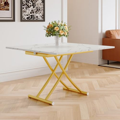 Adjustable Height Coffee Table, Folding Dining Table, White&Gold | Convertible lift top table for use as a coffee table, dining table, home office desk or vanity - color: White & Gold Legs