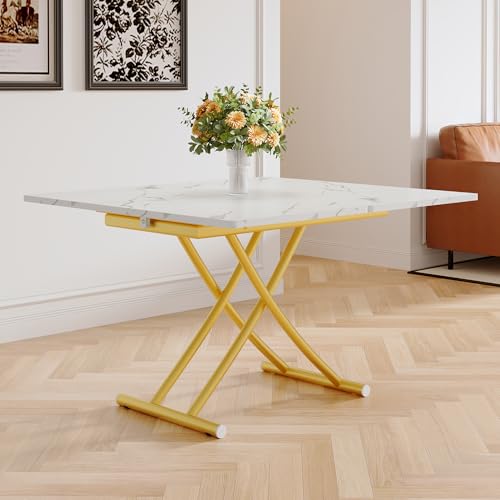 Adjustable Height Coffee Table, Folding Dining Table, White&Gold | Convertible lift top table for use as a coffee table, dining table, home office desk or vanity - color: White & Gold Legs