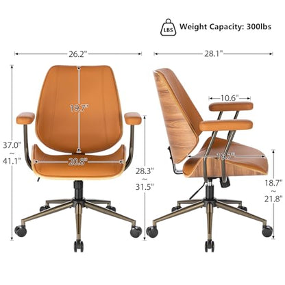 Modern Mid Back Office Chair, Adjustable Swivel Desk Chair with Arms, Brown | Faux leather seat, wood accent detail, mid-back with padded armrests, adjustable swivel, for home office, bedroom & study - color: Brown, size: 1-Piece Back / No Headrest