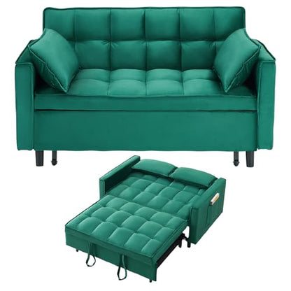 3 in 1 Convertible Sleeper Sofa Bed, Velvet Loveseat Futon Pull-Out Couch with Adjustable Reclining Backrest, Side Pockets and Pillows for Living Room, Bedroom, Apartment, Small Spaces (Green-Velvet) - color: Green-velvet