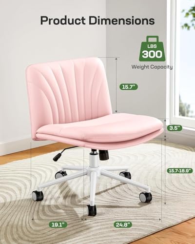 Marsail Armless-Office Desk Chair with Wheels: PU Leather Cross Legged Wide Chair,Comfortable Adjustable Swivel Computer Task Chairs for Home,Office,Make Up,Small Space,Bed Room, Pink - color: Pink