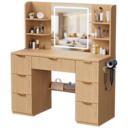 LIVELYGLOW 43" Large Natural Wood Makeup Vanity Desk with Charging Station | Fluted Design, Smart LED Mirror, Hairdryer Holder, 7 Drawers - color: Wooden/Fluted