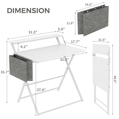 Small Desk No Assembly,31.5Inch 2-Tier Compact Computer Desk with Shelf & Side Pocket,Space Saving Foldable Table for Home Office, Bedroom or Apartment,Portable Collapsible Sturdy Laptop Desk,White - color: White
