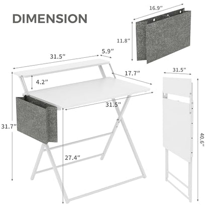 Small Desk No Assembly,31.5Inch 2-Tier Compact Computer Desk with Shelf & Side Pocket,Space Saving Foldable Table for Home Office, Bedroom or Apartment,Portable Collapsible Sturdy Laptop Desk,White - color: White
