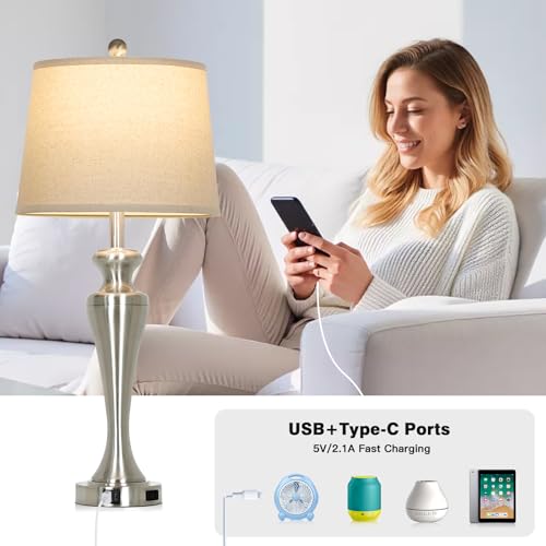 CINSARY Silver Table Lamp Single, Touch Control Bedside Lamp with USB A+C Ports and AC Outlet, 3-Way Dimmable Bedroom Lamps for Nightstand, Tall Brushed Nickel Living Room Lamps for End Table - color: Silver (1 Pack)