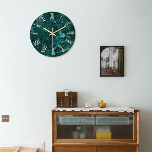 Teal Wall Clock Battery Operated 14 Inch | Modern Abstract Clocks for Living Room Decor Marble Pattern Glass Analog Wall Clock Silent - color: Teal3, size: 14 Inch