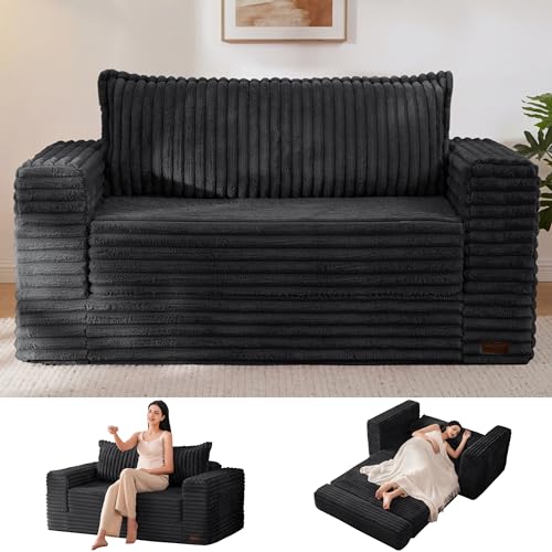 MAXYOYO Convertible Sofa Bed, Pull-Out Loveseat Couch Bed for Small Space | 2 in 1 Folding Couch Bed with Large Back Pillow, Plush Faux Fabric Lounge Couch for Living Room, Apartment, Black - color: Black