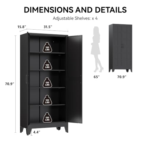 COFaR 71" Black Metal Storage Cabinet with Doors for Office and Garage | 5-tier kitchen pantry cabinet with square-panel doors and 4 adjustable shelves for laundry room, office or garage storage. - color: Black, size: 71"H 5 Tiers & Square doors