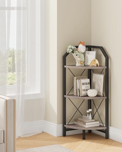 3-Tier Corner Shelf, Industrial Corner Bookshelf, 35.4" Storage Stand, Plant Stand Display Shelf, Bookcase for Bedroom, Living Room, Home Office, Greige and Black TCJ03BG - color: Greige and Black, size: 3-Tier