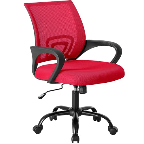 DUMOS Ergonomic Home Office Chair, Executive Mesh Desk Chair | Height Adjustable, Lumbar Support, Breathable Mid Backrest, Fixed Armrest, Rolling Wheels, Computer Gaming, Meeting, Red - color: Red