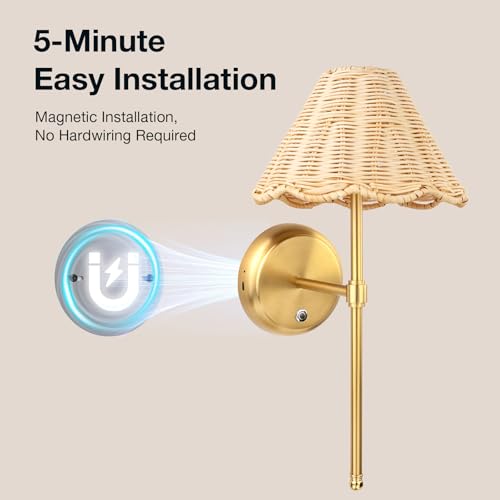 Battery Operated Boho Rattan Wall Sconce Set of 2, Stepless Dimming Magnetic Wall Lamp, 5200mAh Rechargeable Battery and Integrated LED, for Living Room Bedroom Hallway Corridor - size: Battery-Powered