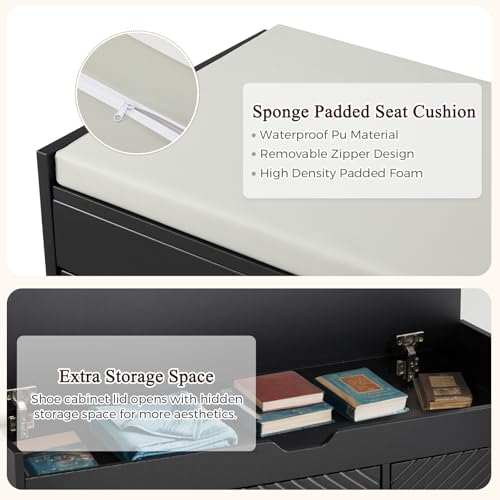 Shoe Bench, Storage Bench with Lift Top Storage, Entryway Bench with Cushioned Seat, Adjustable Shelf for Living Room, Bedroom, Hallway, Black - color: Black