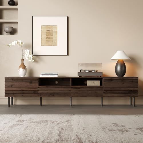 78 inch Modern TV Stand for 85 inch TV, Large Wood Entertainment Center with Slatted Doors and Cable Management, Industrial Media Console with Soft-Closing Hinges for Living Room, Dark Brown Walnut - color: Dark Brown-f