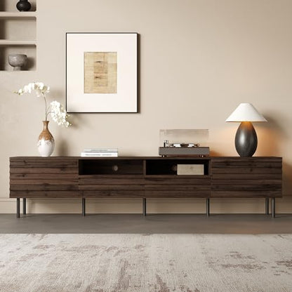 78 inch Modern TV Stand for 85 inch TV, Large Wood Entertainment Center with Slatted Doors and Cable Management, Industrial Media Console with Soft-Closing Hinges for Living Room, Dark Brown Walnut - color: Dark Brown-f