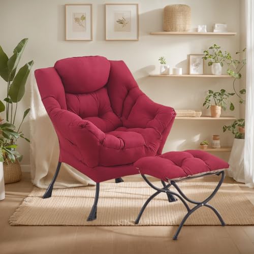 Lazy Chair with Ottoman, Soft Comfy Chair for Bedroom, Burgundy | Reading Accent Lounge Chair with folding Foot Stool for Living Room Dorm Apartment, sturdy metal frame - color: Burgundy