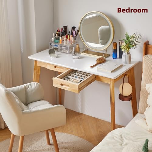 Aibiju Computer Desk with 2 Drawers, 47" Solid Wood Home Office Writing Desk, Compact Simple Tables with Hook for PC, Laptop, Students, Study, Makeup, Bedroom White + Natural Wood Legs YD-WD03WN - color: Table White + Natural Wood Legs, size: Length 47 in
