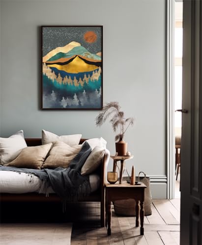 Boho Wall Art for Bedroom - Large Oversize Unframed Rolled Canvas 24x36 Living Room - Modern Boho Moody Room Decor - Texured Metallic Mountain Moon Sun - Emerald Green Marble Golden Nature Tree Forest - size: 24"L x 36"W