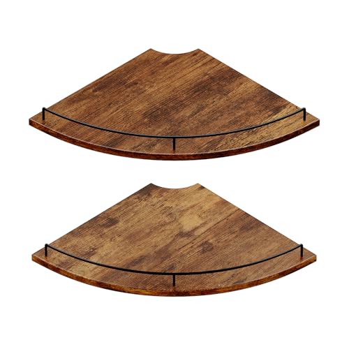 JJL Corner Shelf Wall Mounted, 12 Inches 2-Tier Floating Corner Shelf, Fan-Shaped Rustic Wood Decor with Fence, Brown Storage Organizer for Apartment Bedroom Kitchen Bathroom - color: Rustic Brn, size: Fan 2-Tier