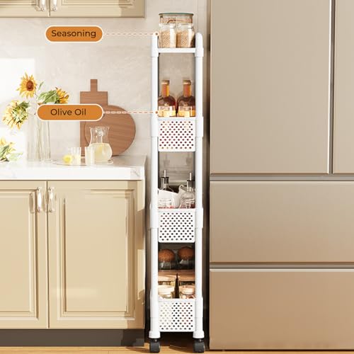 Slim Rolling Storage Cart for Small Space, 4 Tier White Utility Cart Shelves Organizer, Plastic Storage Cart on Wheels for Kitchen, Office, Bathroom, Laundry Room and Narrow Places
