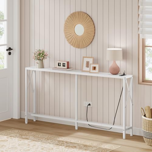 Gewudraw Narrow Console Table with Socket, Sofa Table Behind Couch, White | 55.1" Couch Table, Industrial Style, Long Skinny Design,For Hallway,Living Room,Bedroom, Built-In Outlets & USB,140cm Length - color: White, size: 55.1 in
