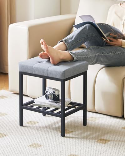 IBUYKE Rectangular Makeup Stool, Linen Seat Vanity Chair, Blue Gray WBD017L | Adjustable Feet Storage Space Footrest Multi-Use Small Side Table Ottoman Bedroom - color: Blue Gray, size: Rectangular