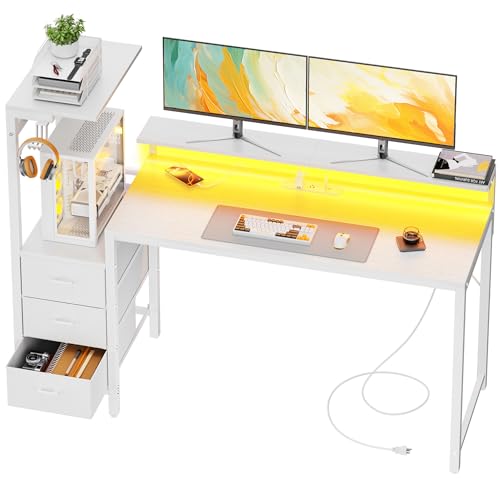 HLDIRECT 60 Inch Gaming Desk with Power Outlets & LED Lights, White | Reversible gaming computer desk with built-in monitor stand, 3 fabric drawers & 4 side hooks, 2 AC outlets & 3 USB ports - color: White, size: 60 inch