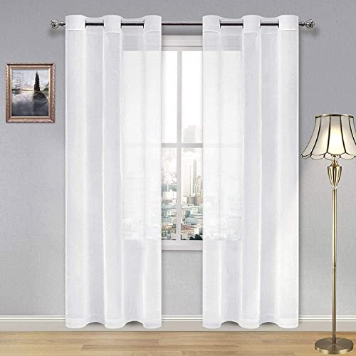 DWCN White Faux Linen Sheer Curtains - Grommet Voile Window Curtain Drapes for Bedroom Living Room 42 x 84 inch Length, Set of 2 - color: White, size: 42"W x 84"L (Pack of 2)
