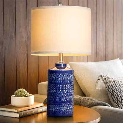 JUNNAI 24.5" Navy Blue Table Lamp Modern Bedside Ceramic Lamps for Living Room 3-Way Dimmable Entryway Nightstand Farmhouse Lamp for Home Office Bedroom, Bulb Included - color: Blue