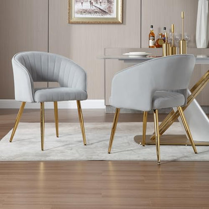 Velvet Home Office Desk Vanity Chair, No Wheels, Gold Legs, Grey | Modern Accent Chair with Stylish Stripe Design, Spacious‌ Soft Seat for Girls & Women Bedroom Makeup or Nail Table - color: Grey Velvet, No Wheels